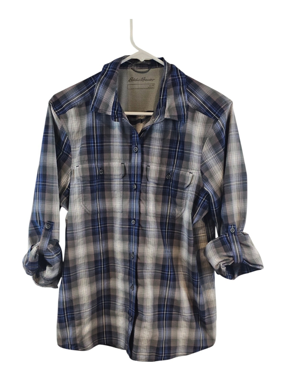 Eddie Bauer Women's M Blue and Gray Plaid Button-Down Shirt Hiking / Outdoor